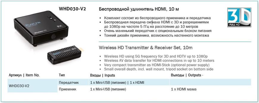Комплект для беспроводной передачи HDMI до 10 метров 1080p PureLink WHD030-V2
